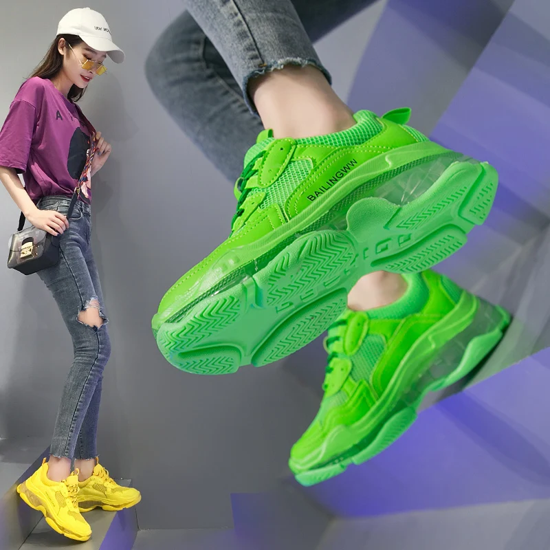 

2019 Crystel Women's Chunky Sneakers Summer Breathable Mesh Casual Outdoor Sports Shoes Fluorescent Green Lace Dad Shoes