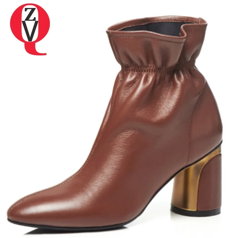 

ZVQ hot sale popular winter warm sheepskin slip-on ankle boots high strange style metal decoration black and brown women shoes