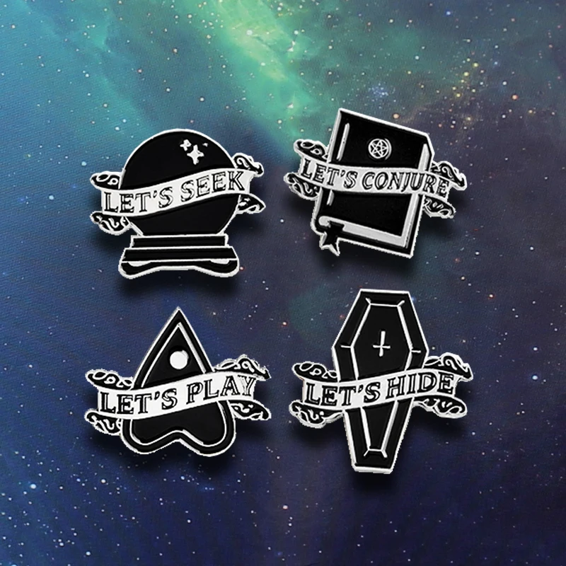 

Brooches "Let's Conjure,Seek,Hide,Play"Black Crystal Ball Coffin Heart Magic book Brooch Black Magic Series Jacket Pin Jewelry