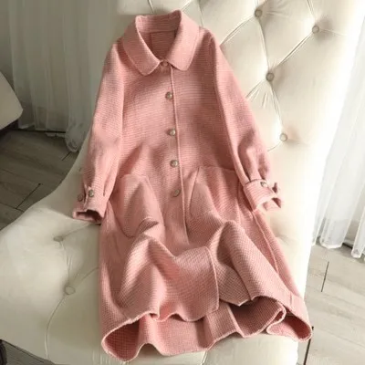 Клетчатое двойное шерстяное пальто для женщин, зимняя куртка, Длинная тонкая, 7 цветов, S, M, L - Цвет: Розовый