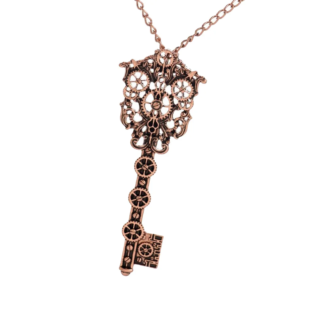 2pcs Vintage Filigree Skeleton Key Gear Cog Steampunk Chain Pendant Necklace