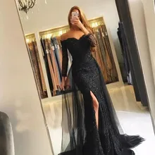 Черное мусульманское вечернее платье Русалка 3/4 рукав кружево бисерный разрез исламский Дубай Кафтан Саудовская Арабский длинное вечернее платье