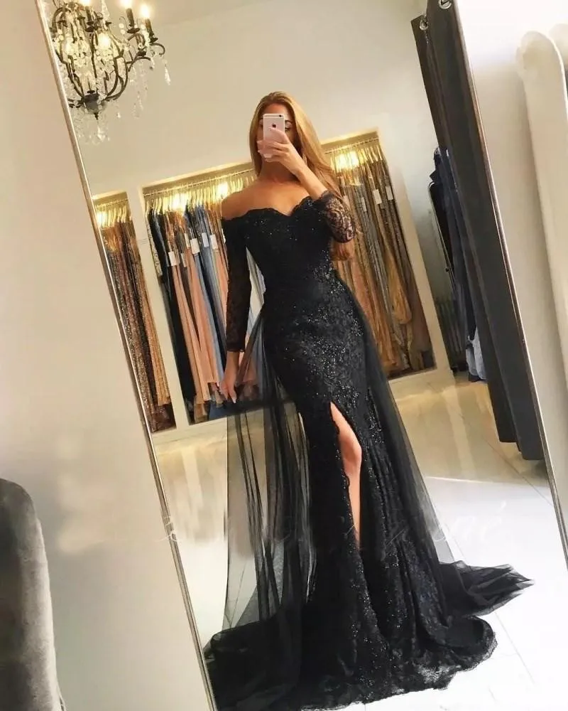 Black Muslim Evening Dresses 2018 Mermaid 3/4 Sleeves Lace Beaded Slit Islamic Dubai Kaftan Saudi Arabic Long Evening Gown Black Muslim Evening Dresses 2018 Mermaid 3/4 Sleeves Lace Beaded Slit Islamic Dubai Kaftan Saudi Arabic Long Evening Gown