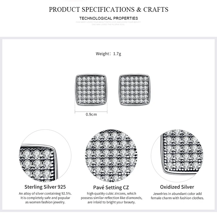 BAMOER Аутентичные 925 пробы серебряные прозрачные CZ геометрические классические квадратные серьги-гвоздики для женщин ювелирные украшения SCE099