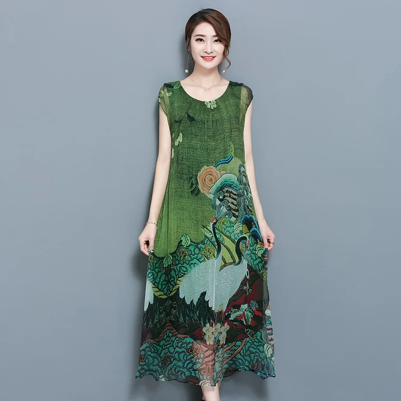 

Large size 3XL 4XL 5XL Women's dress 2018 Summer New Silk Retro Print Dress High quality Short sleeve Round neck Elegant Dress