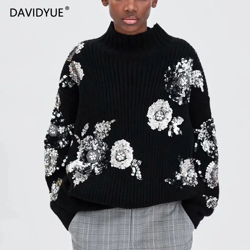 

Vintage Beading sequin sweater women loose pullover Winter turtleneck knitted sweater female black jumpers pull long femme 2018