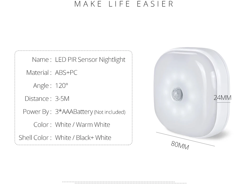 PIR Motion Sensor Night Light LED Infrared AAA Battery Power Wireless Detector Christmas Indoor Wall Cabinet Lighting Lamp  (2)