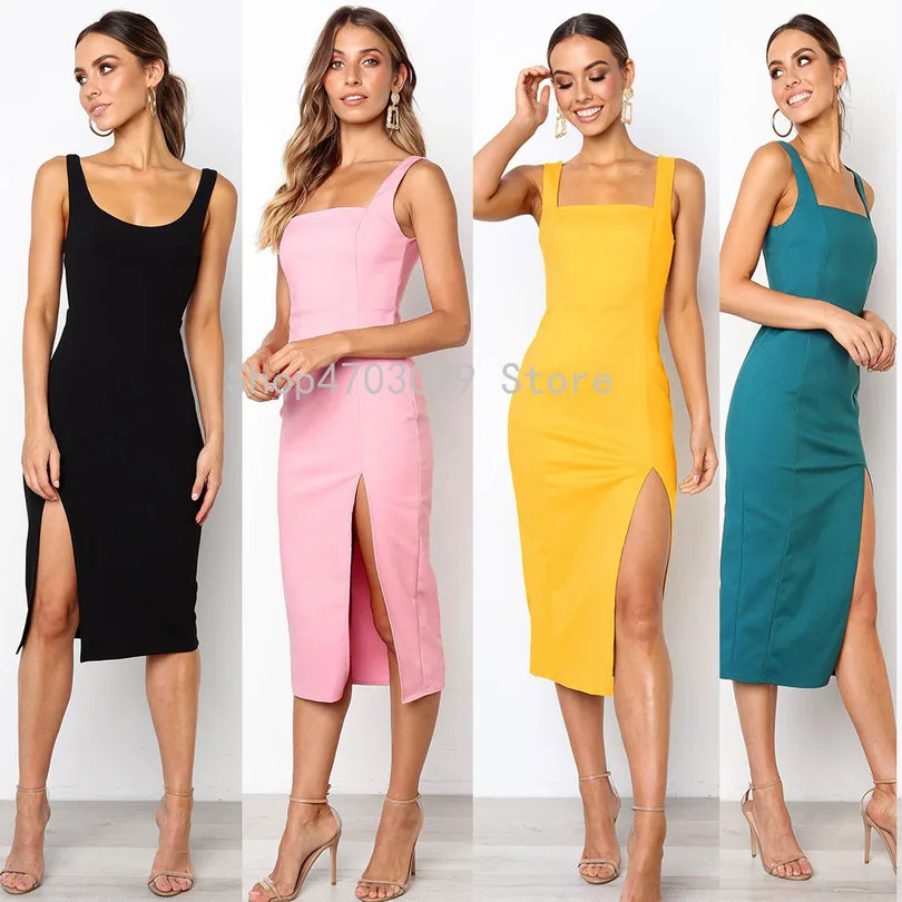 

Women Casual Off Should Sleeveless Pencil Party Bodycon Slim Min Dress Noodles Strap Solid Dress Sling Sleeveless