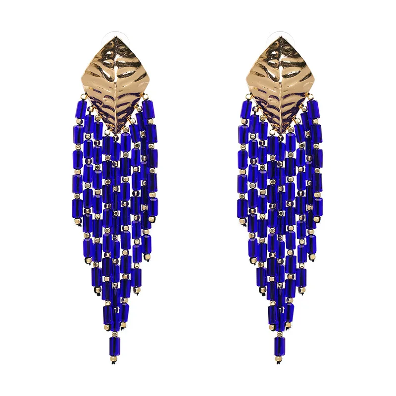 Найти меня Новая Мода Смола бусины Висячие серьги для женщин ювелирные изделия Многослойные ткачество длинные кисточки висячие серьги оптом - Окраска металла: blue
