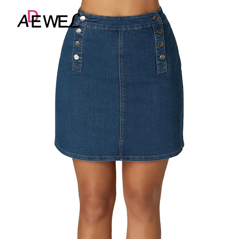 ADEWEL женские пикантные двубортный функциональная кнопка джинсовая мини юбка Лето Высокая талия повседневное стрейч бедра короткие