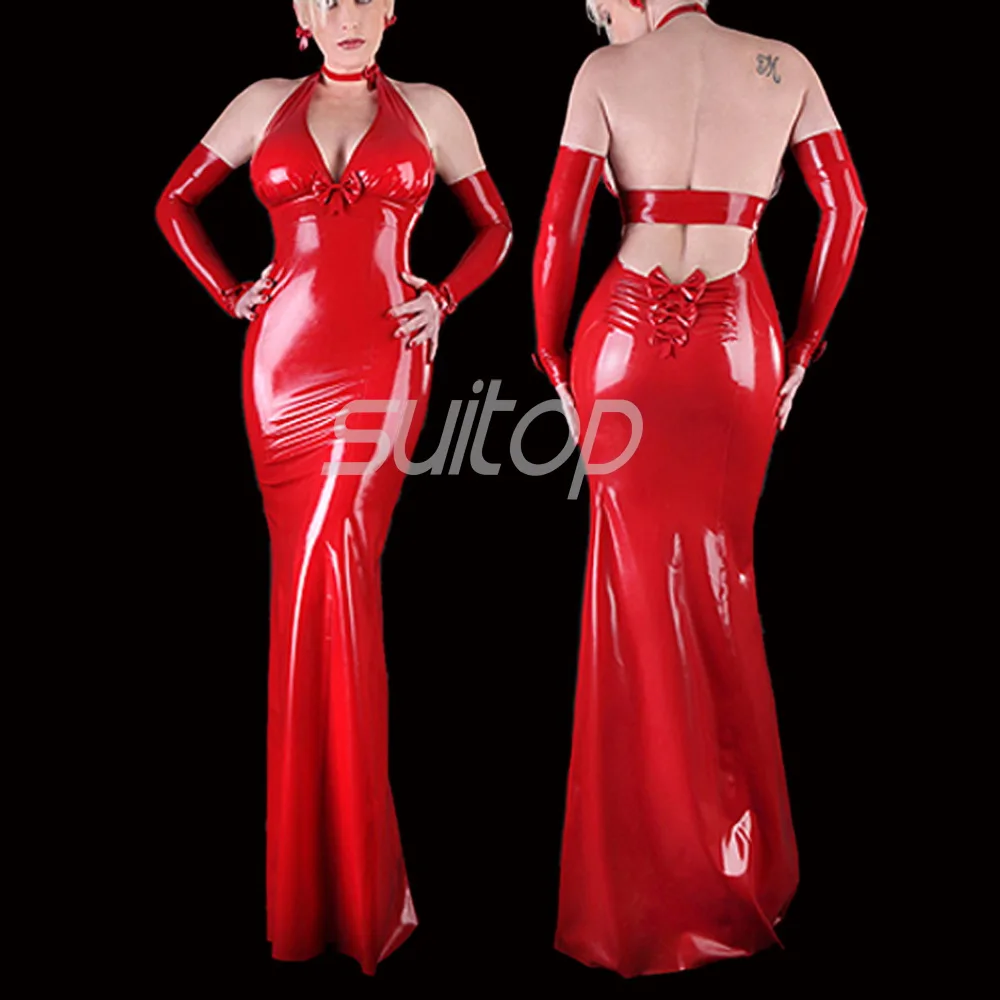 Latex Rubber mermaid Dress sexy club long dresses  longuette red color eveningwear evening clothes