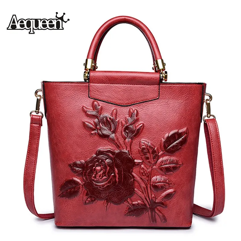 

AEQUEEN Women PU Leather Handbags Luxury Shoulder Bag Red Buckets Bag Ladies Large Totes Flower Crossbody Bags For Girls Bolsas