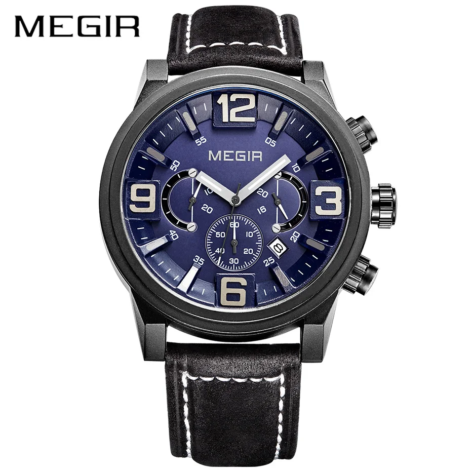 

MEGIR Erkek Kol Saati Watch Men Military Fashion Leather Male Wrist watches Sport Chronograph Casual Quartz Watches Mens Clock