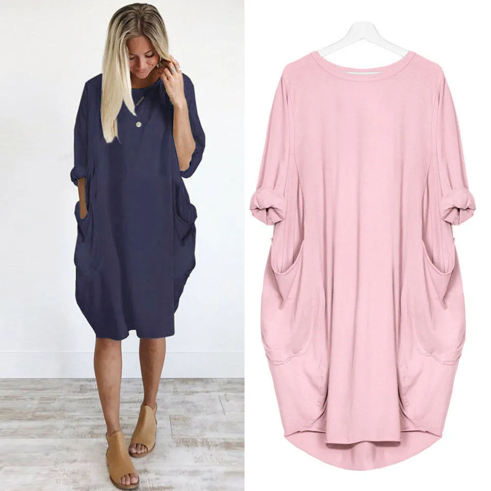 

Factory direct no profit Womens Fashion Pocket Loose Dress Ladies Crew Neck Casual Long Tops Dress Plus Size
