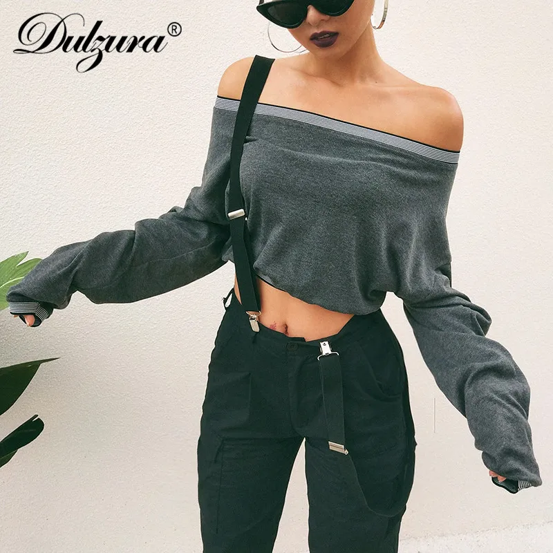 

Dulzura long sleeve crop top 2018 autumn winter women casual tshirt stretch neck collar patchwork t shirt