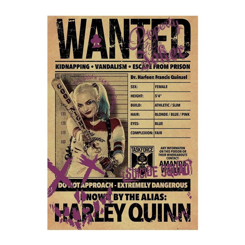 

Hollywood movie/Suicide Squad Harley Quinn WANTED/kraft paper/bar poster/Wall stickers/Retro Poster/decorative painting 51x35.5