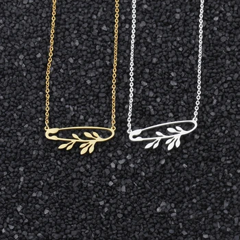 

10pcs Gold Silver Color Safety Pin With Leaves Branch Pendant Necklace Stainless Steel Charm Jewelry Bijoux Femme