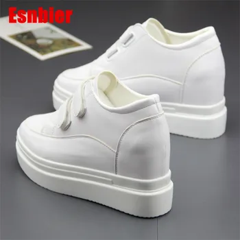

2019 Women Casual Shoes Platform Hook&Loop Heigh Increasing Wedges Sneakers PU Leather Shoes Woman Breathable High Top Shoes