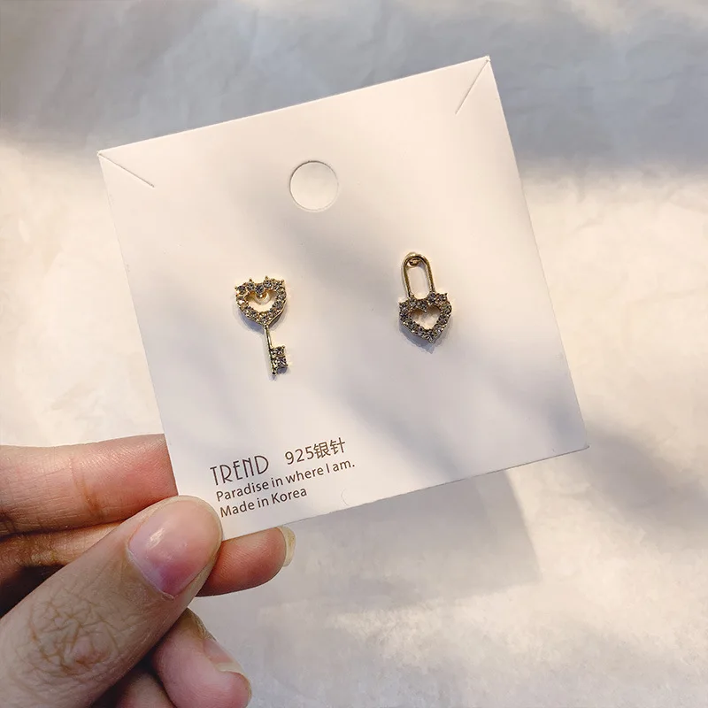 S925 Sterling Silver Mini Key Earrings Female Temperament Korean Personality Simple Asymmetric Lock Zircon | Украшения и