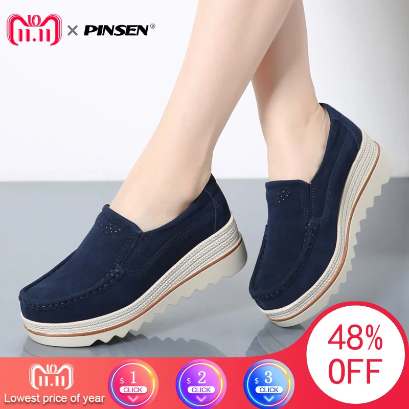 

PINSEN 2019 Spring Autumn Women Flats Shoes Thick Soled Platform Shoes Leather Suede Casual Shoes Slip On Flat Creepers Moccasin