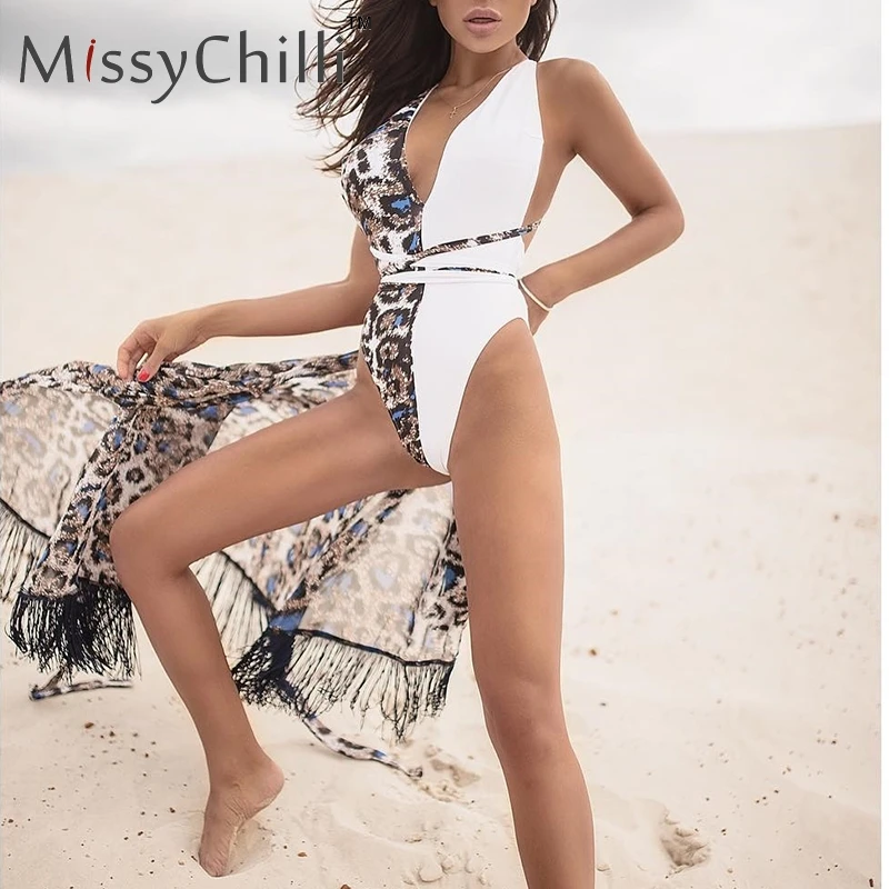 MissyChilli сексуальное платье с v-образным воротом, женский купальник-монокини бандажный купальник, купальный костюм с леопардовым принтом, костюмы из двух предметов Бикини Бразильский купальный костюм