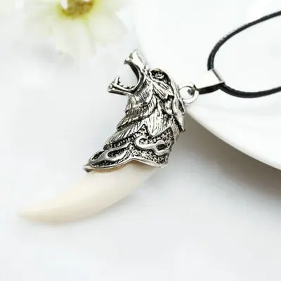 Wolf tooth men necklace - Fashion Resin wolf tooth alloy wolf head Pendant Necklace with leather rope jewelry #19006 Wolf tooth men necklace - Fashion Resin wolf tooth alloy wolf head Pendant Necklace with leather rope jewelry #19006