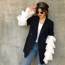 Fashion 2019 New Striped Long Blazers Loose Flare Sleeve Ruffle Blazer Jacket Casual White Lace Patchwork Office Lady Blazers