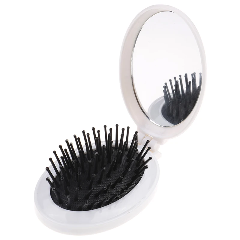 Anti-static Portable Round Pocket Small Size Travel Massage Folding Comb Girl Detangling Hair Brush With Mirror Styling Tools - Цвет: Слоновая кость