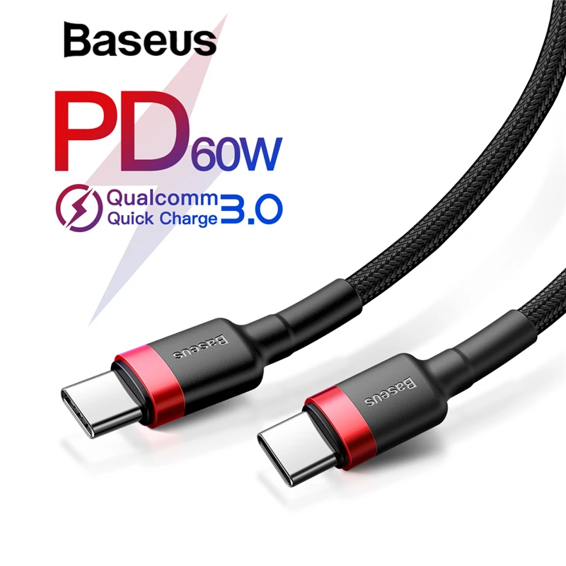 Кабель Baseus type USB C для samsung Galaxy S9 Plus Note 9, поддержка PD 60W QC3.0 3A, кабель для быстрой зарядки для устройств type-C