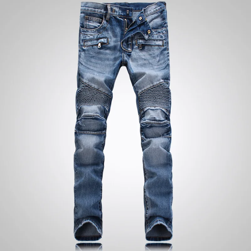Men jeans Straight Biker Jeans high quality Cotton Denim Man skinny Bule Slim male Trousers