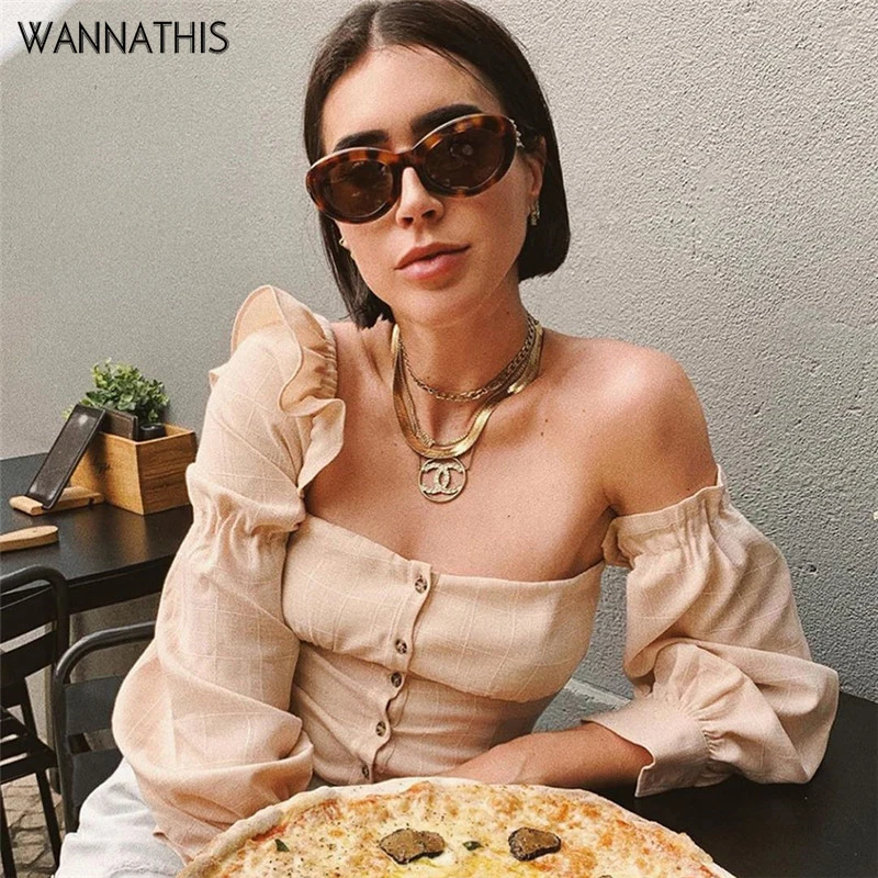 

WannaThis One Shoulder Casual Women Shirts Irregular Puff Sleeve Backless Button Autumn Fashion Streetwear Sexy Female Top