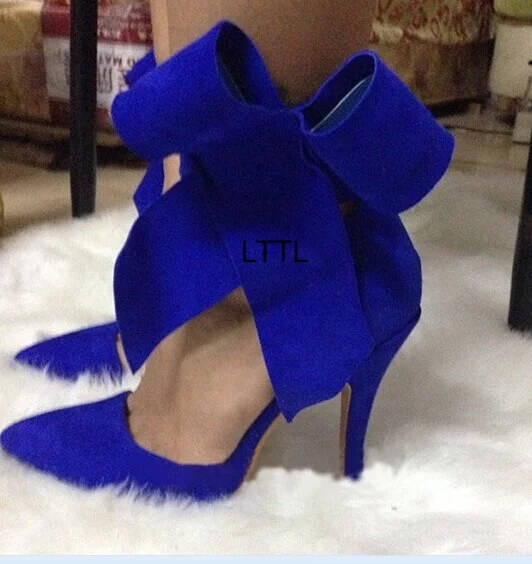 

Chic Dark Blue Suede Butterfly Knot High Heels Women Fancy Bowknot Decoration Pointy Spike High Heel Pumps Pretty Party DateShoe