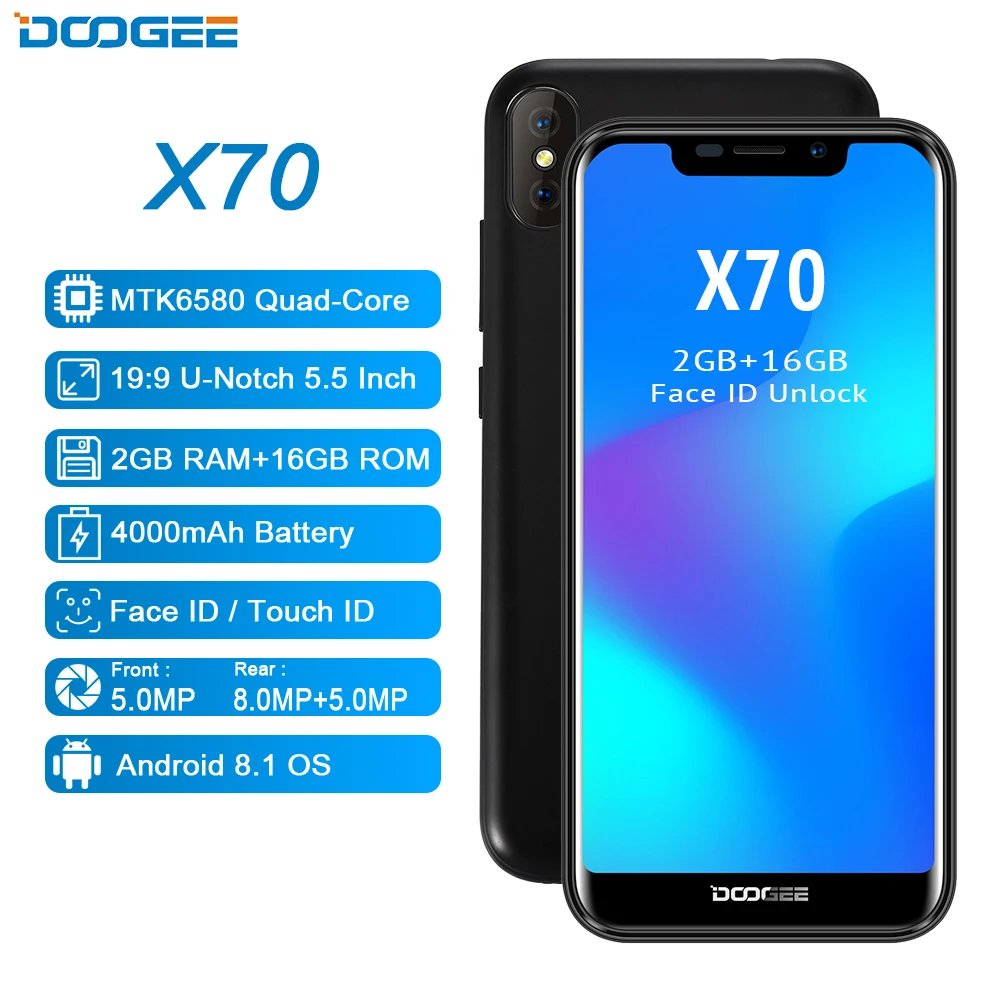 Смартфон DOOGEE X70 с функцией разблокировки лица 5,5 ''u-образная 19:9 MTK6580 четырехъядерный процессор 2 Гб ОЗУ 16 Гб ПЗУ Двойная камера 8,0 МП Android 8,1 4000 мАч