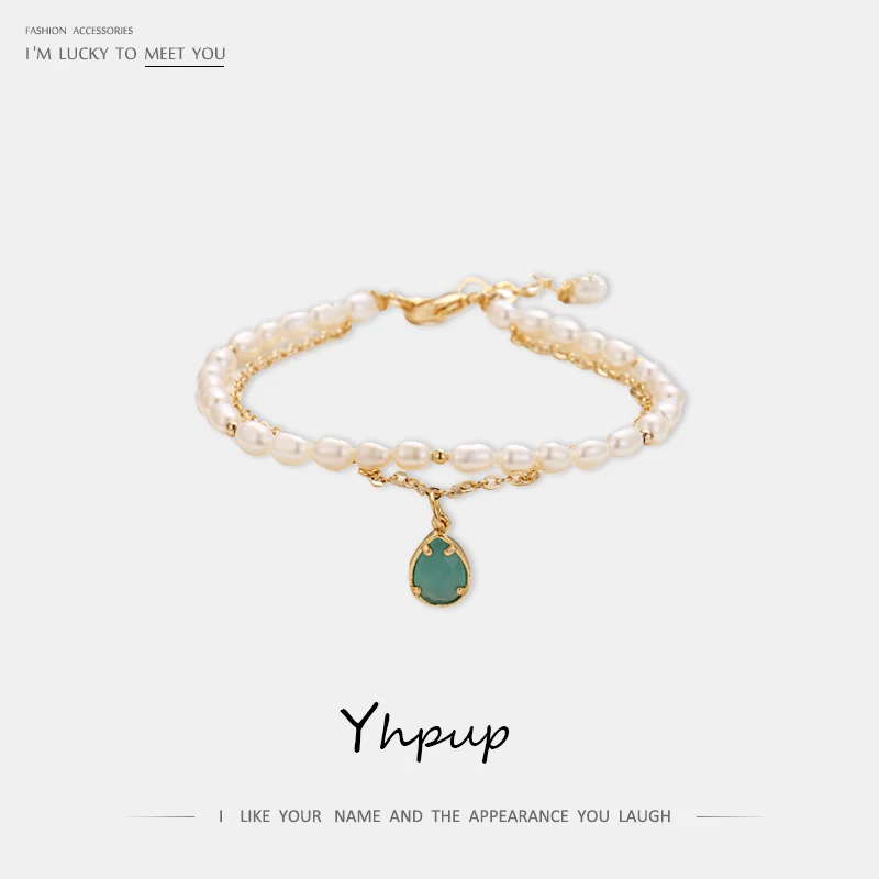 

Yhpup New Trendy Natural Pearls Bracelets Double Layer Rhinestone Crystal Luxury Strand Bracelets for Female Party Accessories