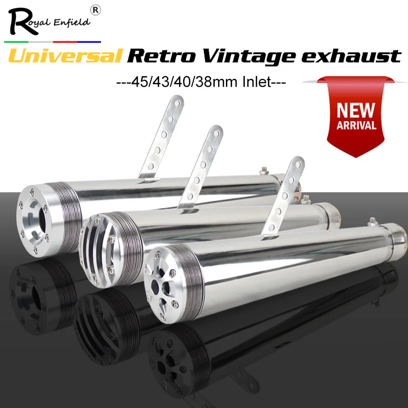 

New arrival 38-45mm Universal Retro Electroplating Chrome Silver Antique Motorcycle Muffler Exhaust Retro Vertical Pressure Case