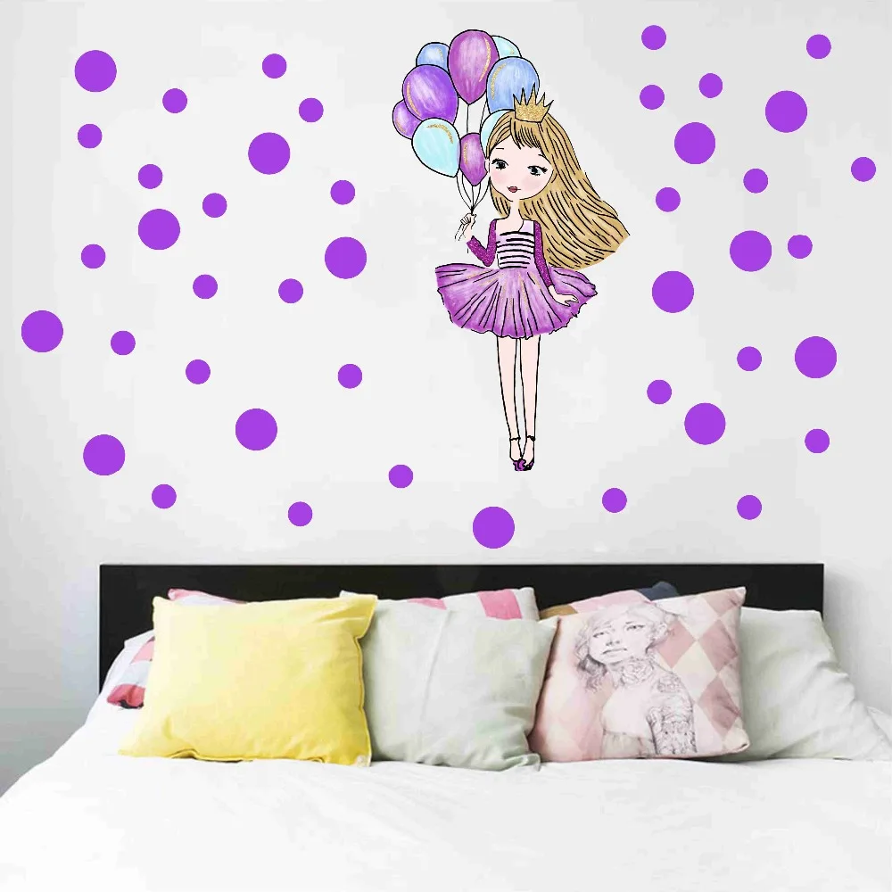 

Princess With Crown Balloon Polk Dots Decal Vinyl Sticker For Girl Bedroom Modern Home Decor Removable Wallpaper Wall Art Murals