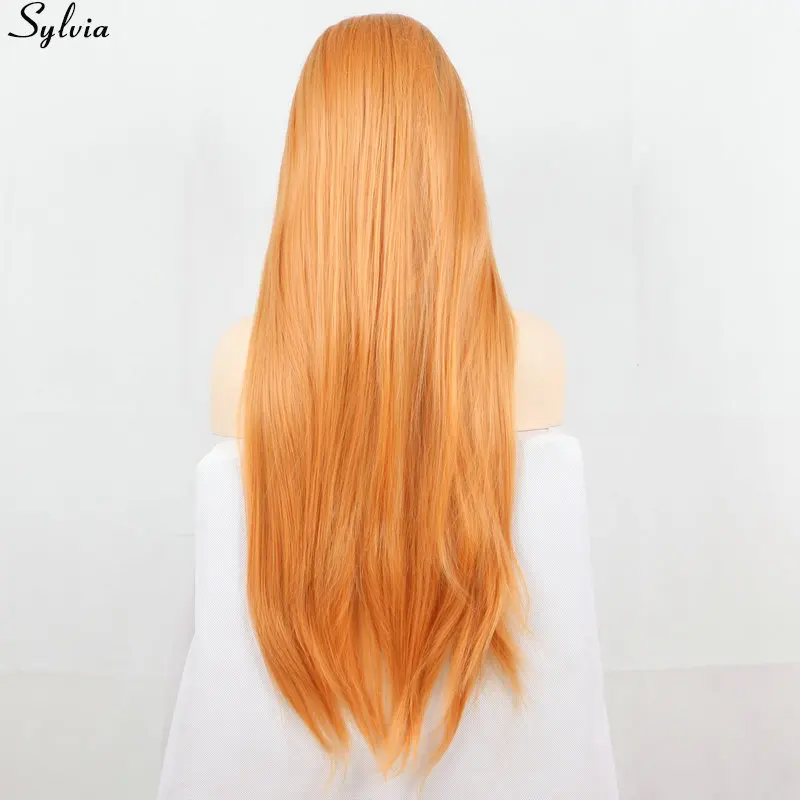 Sylvia Natural Long Silky Straight Ombre Orange Peach Black Roots Synthetic Lace Front Wig Glueless Heat Resistant Hair Wigs (4)