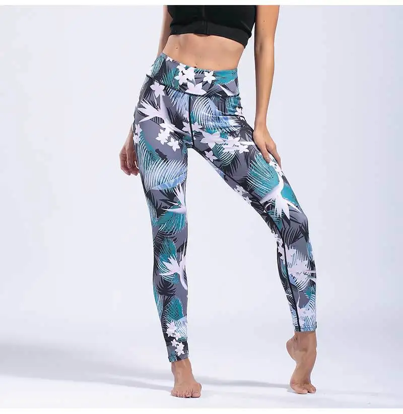 Women's Yoga Pants Side Pocket Ankle Length Pants Stretch Fitness Gym Tights Pants Flower Printed7