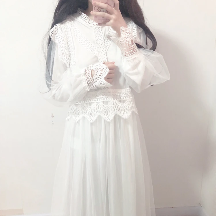 

Spring Solid Sweet Black White Japanese Princess Bohemian Woman Dress Lace Summer Mesh Lolita Temperament Leisure Long Dress
