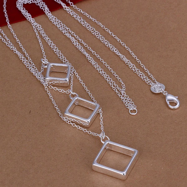 925Sterling Silver Jewelry Elegant Three Square Pendant Necklace 18inch N136