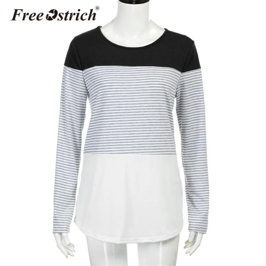 

Free Ostrich T-Shirt Casual Women Long Sleeve Tops Striped Patchwork Stretchy Tops T-Shirt Lady Clothes 2018 New Dropshipping
