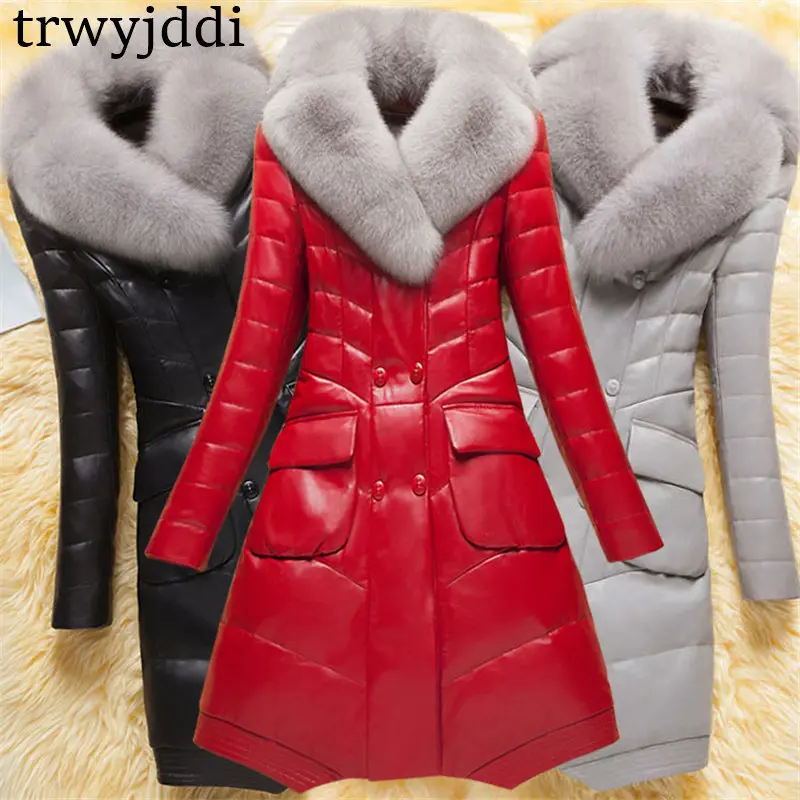 Модные кожаные куртки женская зимняя одежда большой размер толстые пуховики из хлопка пальто с воротником из искусственного лисьего меха A1276