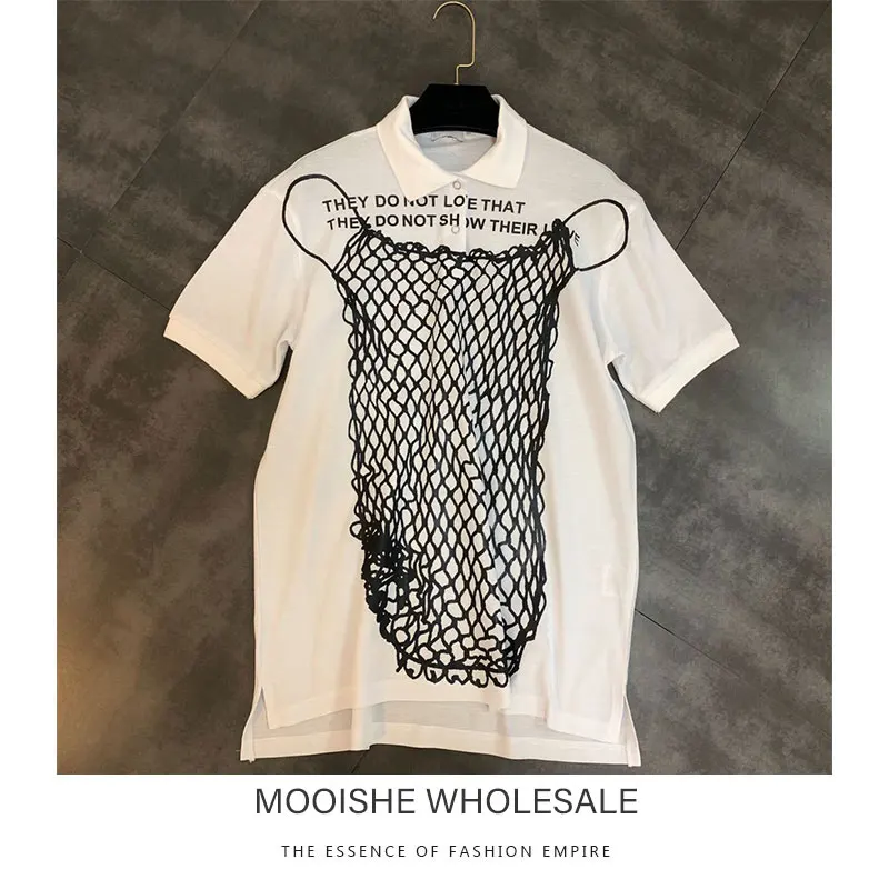 

2019 Summer New Lapel Short-sleeved Front Mesh Sling Fake Two Tee Woman T Shirt