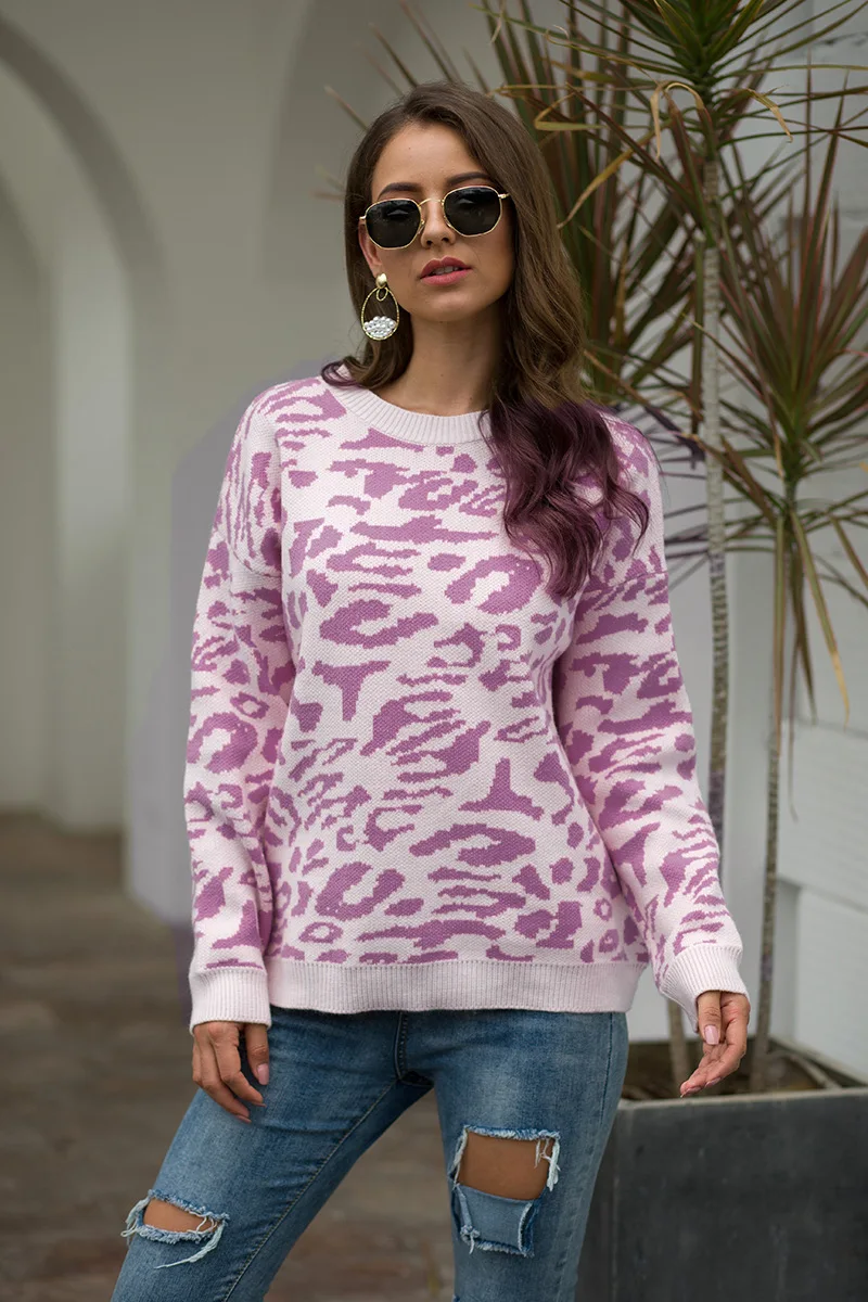 Женские свитера зимний вязанный женский свитер розовый свитер с леопардовой раскраской осень плюс размер Зимний женский свитер вязаный пуловер