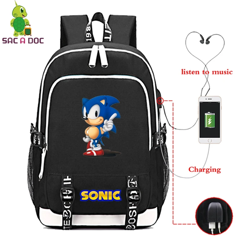 

Sonic Unisex Men Bag Summer Travel Backpack Computer Backpacks Casual Business Bags Black Escolar Student Book Bag USB Charge