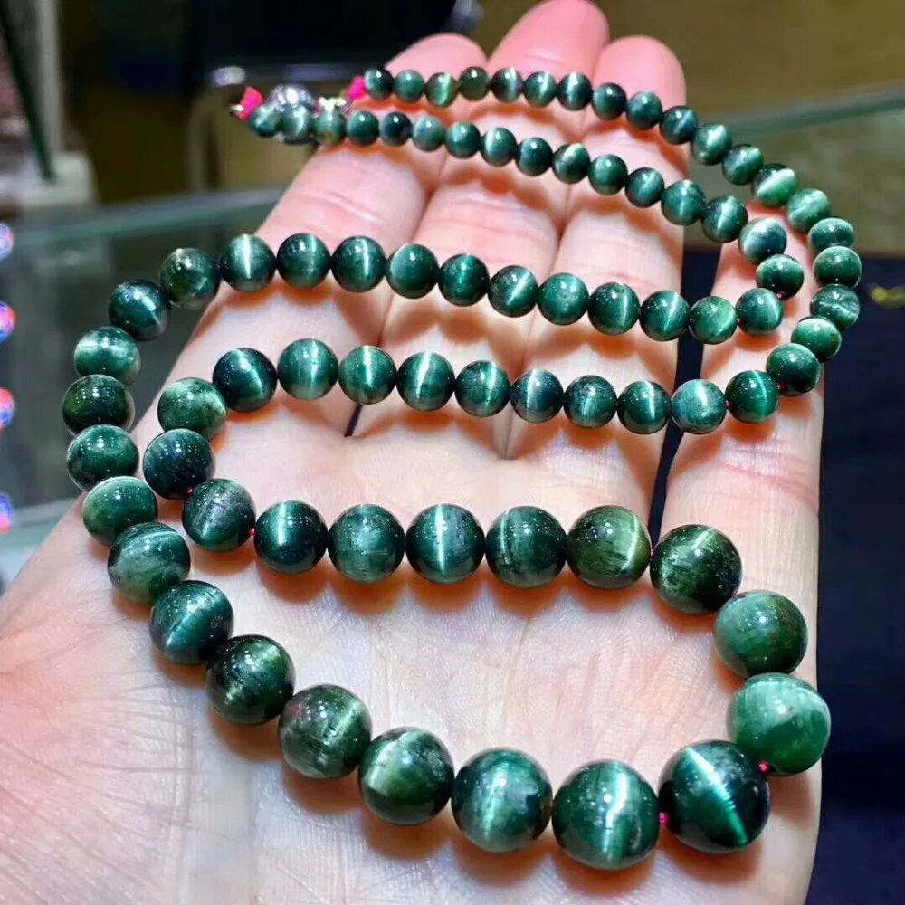 100% настоящий природный зеленый турмалин Кварц 4-10 мм цепочка с драгоценными камнями эффект кошачьих глаз круглый шарик чокер 3 Laps Beads AAAAA