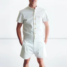 New Fashion Men Rompers Short Sleeve Male Stretch Slim Fit Jumpsuit Cargo Short Tops Trousers Overalls 2 pieces