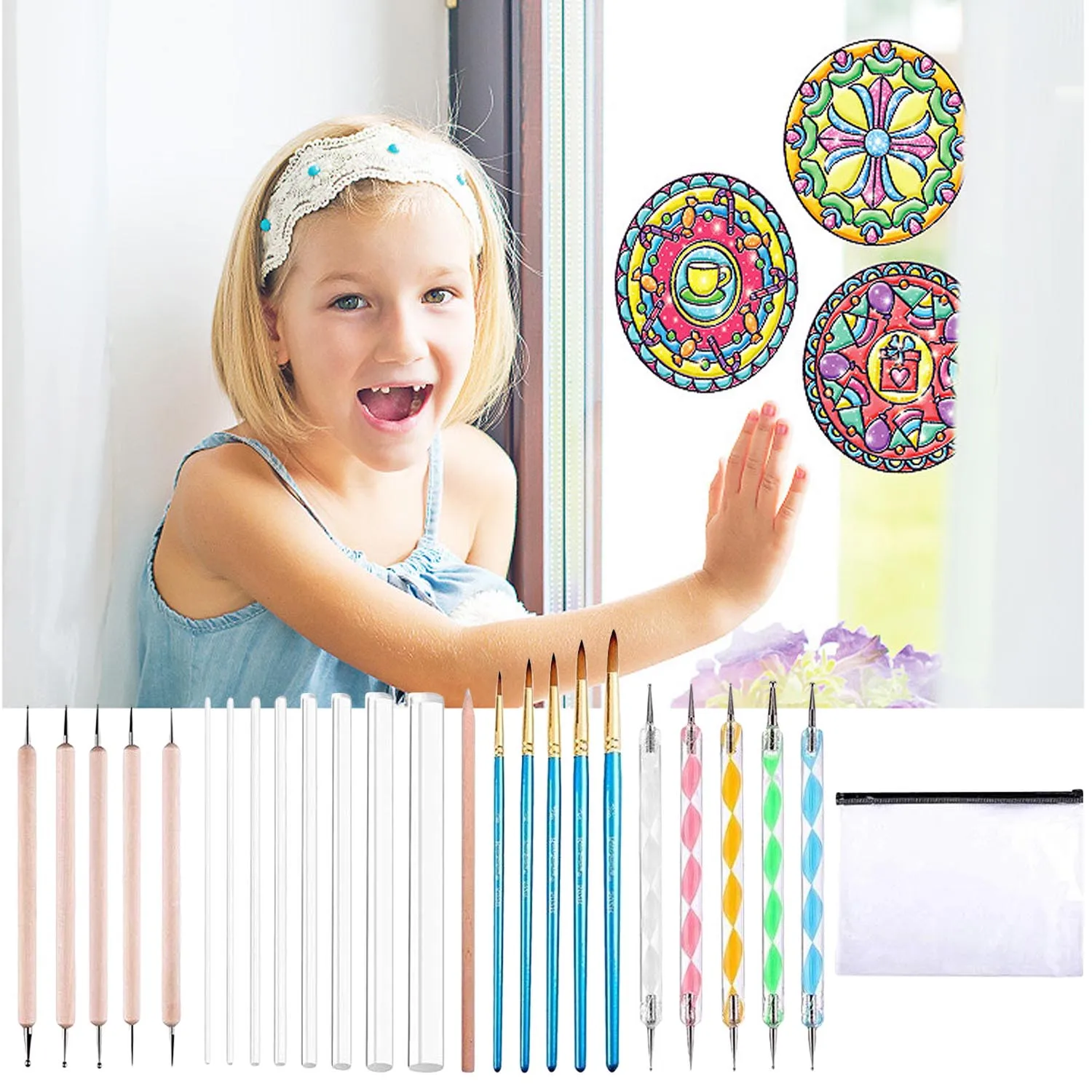 

25pcs Mandala Dotting Tools Set Dotting Pens Brush Acrylic Rods White Pencil Carrying Bag for Painting Rocks Drawing Drafting
