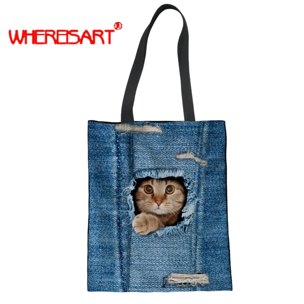 

WHEREISART denim jeans cat 3d printing bolsos mujer hand bag woman high capacity Traveling Beach Bags for shopper