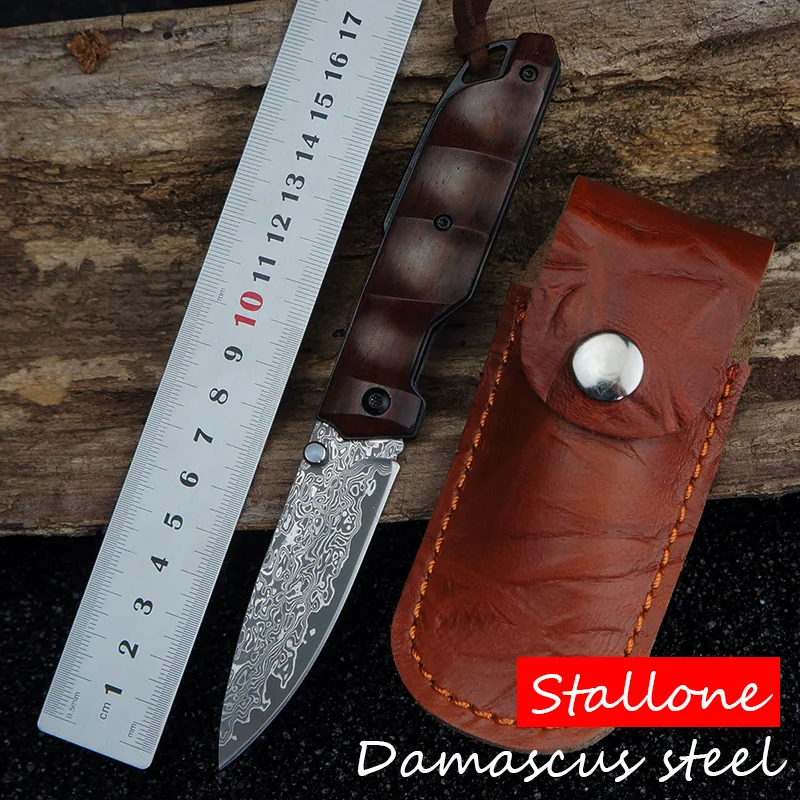 

Stallone Damascus steel folding knife camping tactical hunting knife solid wood handle EDC pocket knife fishing multi-tool gift